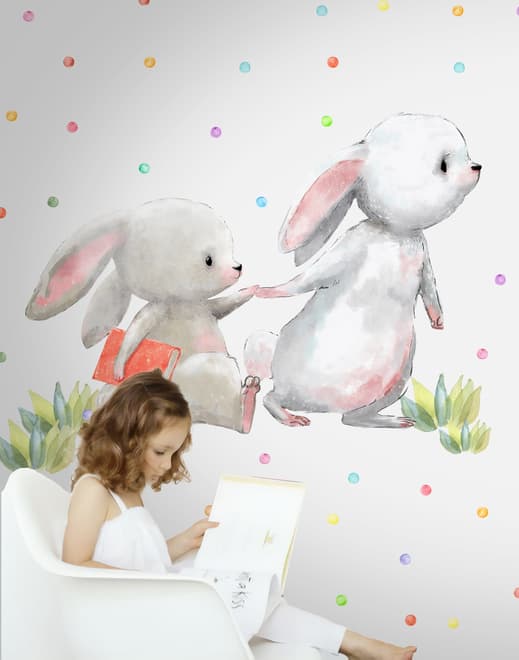 The Cute Bunny Reading Books with Colorful Polka Dots Kids Wall Decal Sticker