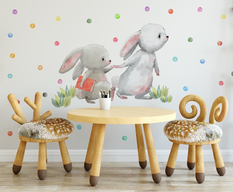 The Cute Bunny Reading Books with Colorful Polka Dots Kids Wall Decal Sticker