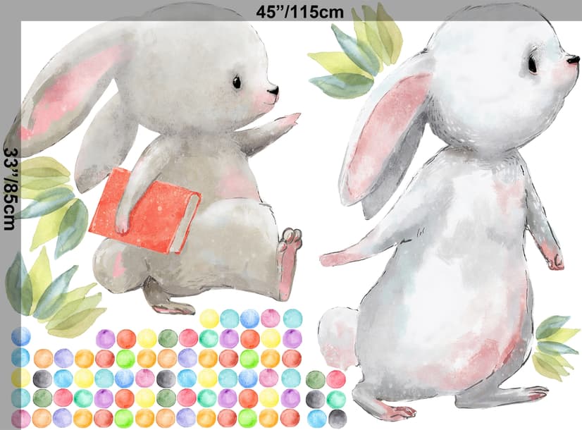 The Cute Bunny Reading Books with Colorful Polka Dots Kids Wall Decal Sticker