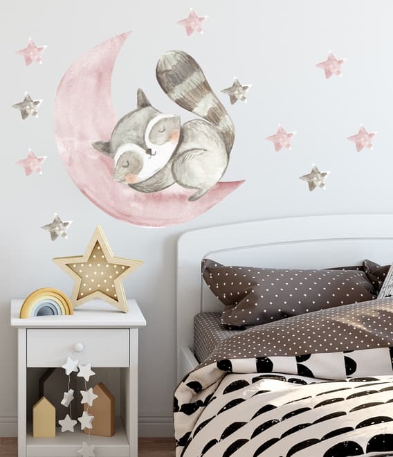 Nursery Cute Raccun and Watercolor Pink Gray Stars Wall Decal Sticker