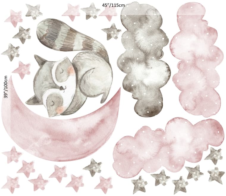 Niedliches Wandtattoo für das Kinderzimmer: Waschbär und Aquarell-Pink-Graue Sterne