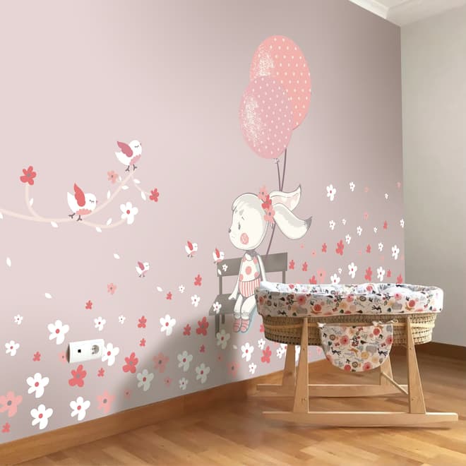 Lapin mignon avec des ballons roses et des petites fleurs Stickers muraux