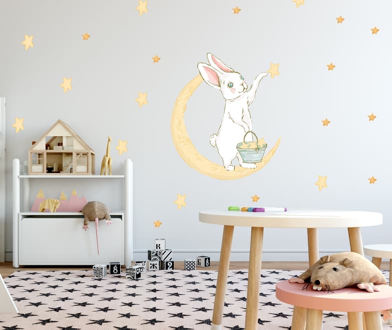 Nursery Cute Rabbit on the Crescent Moon and Yellow Stars Wall Decal Sticker
