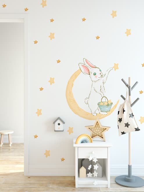 Nursery Cute Rabbit on the Crescent Moon and Yellow Stars Wall Decal Sticker