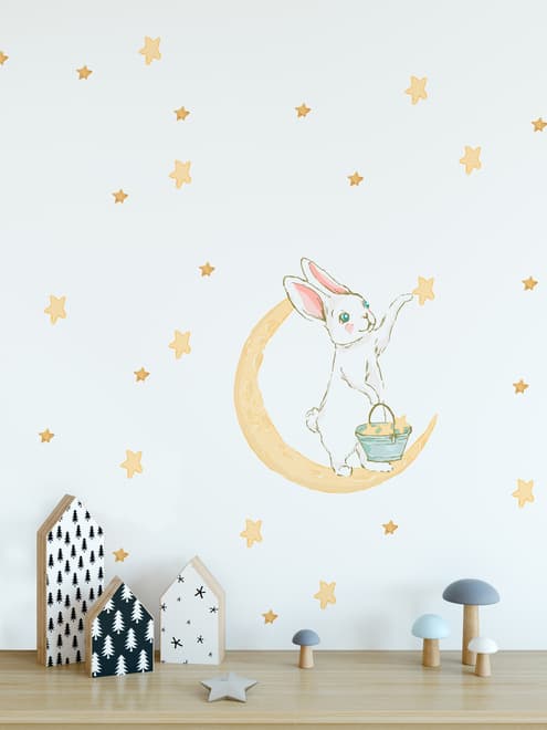 Nursery Cute Rabbit on the Crescent Moon and Yellow Stars Wall Decal Sticker