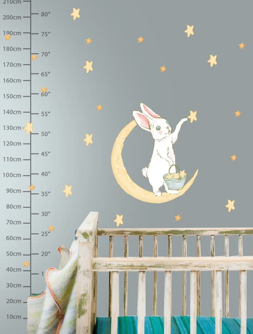 Nursery Cute Rabbit on the Crescent Moon and Yellow Stars Wall Decal Sticker