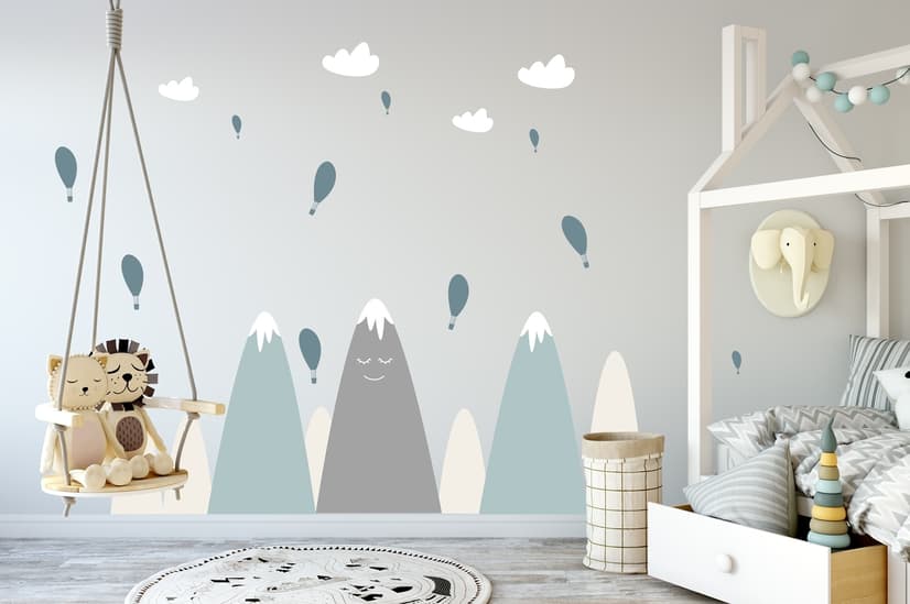 Nursery Soft Blue Gray Mountain Landscape and Little Hot Air Balloons Wall Decal Sticker