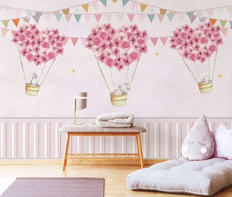 Flowery Hot Air Balloon with Rabbits Wallpaper Mural
