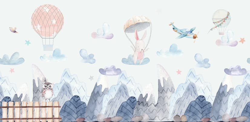 Aquarell-Stil Kinderlandschaft mit süßem Hasen Fototapete