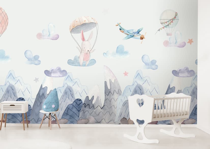 Papier peint panoramique pour enfants avec lapin mignon, style aquarelle