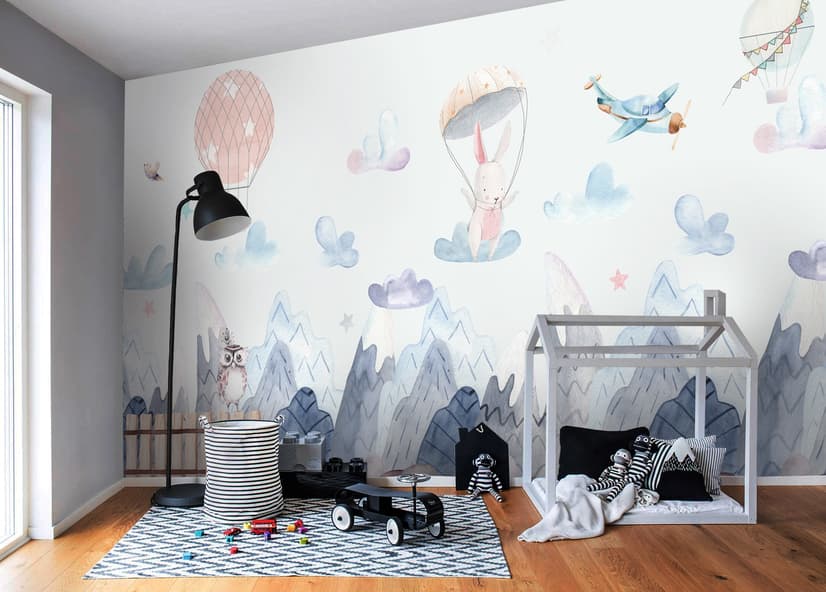 Aquarell-Stil Kinderlandschaft mit süßem Hasen Fototapete