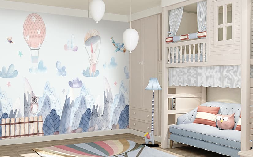 Aquarell-Stil Kinderlandschaft mit süßem Hasen Fototapete