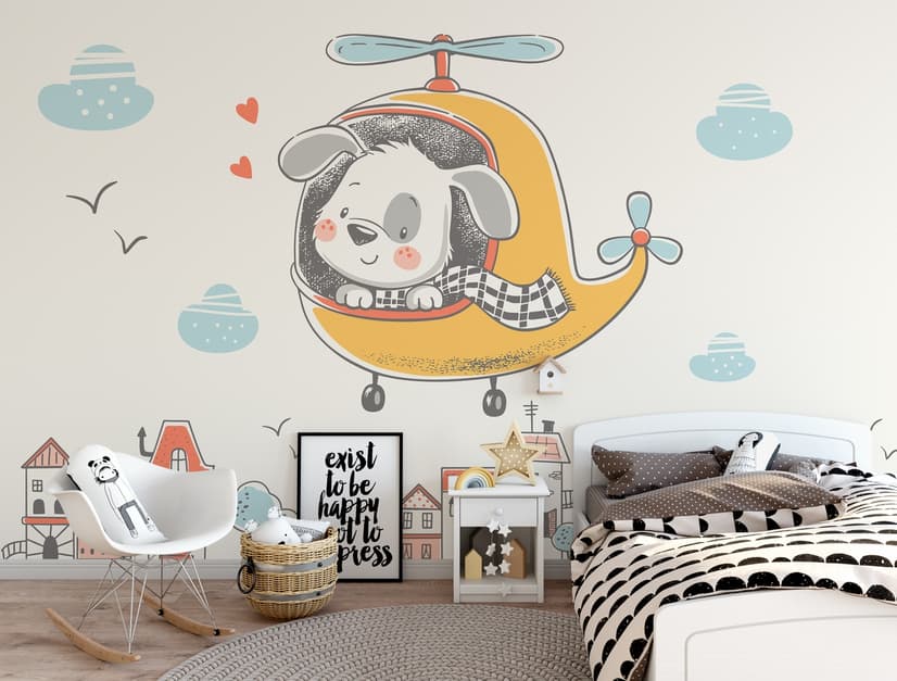 Cute Puppy in Helicopter Wallpaper Mural