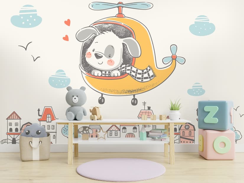 Cute Puppy in Helicopter Wallpaper Mural