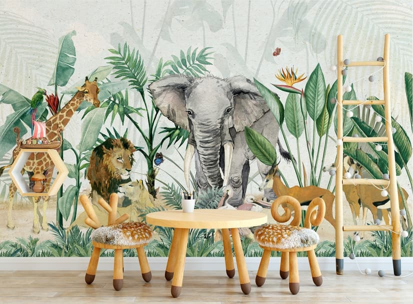 Kids Tropical Safari Animals with Green Leafs Wallpaper Mural