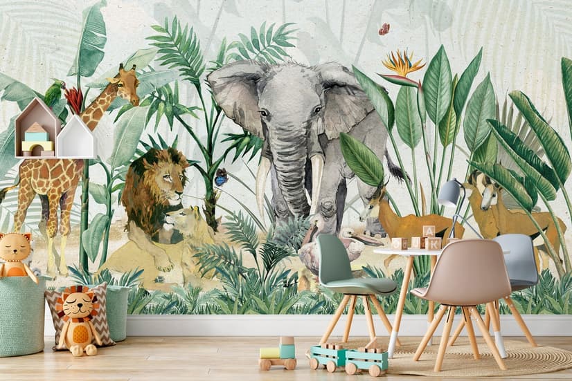 Papier peint animaux de safari tropicaux avec feuilles vertes pour enfants