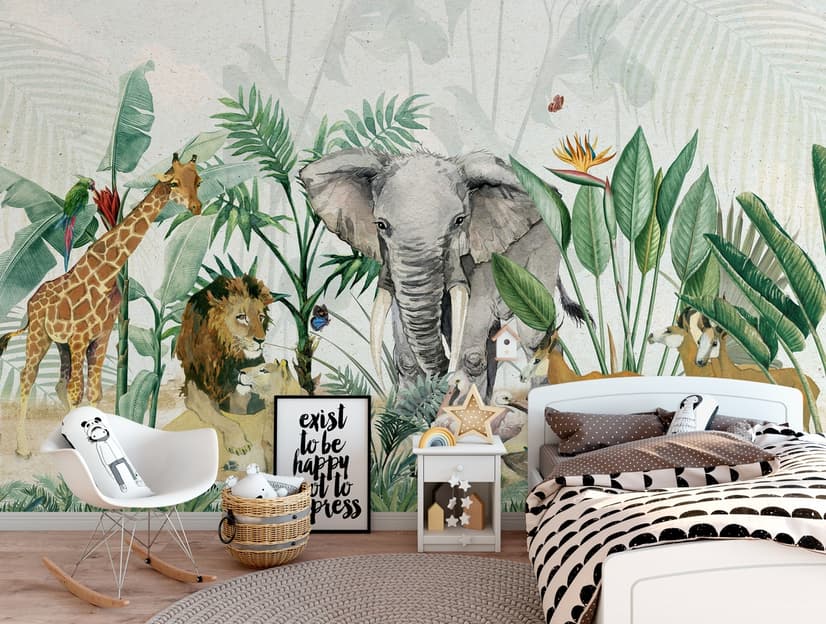 Kids Tropical Safari Animals with Green Leafs Wallpaper Mural