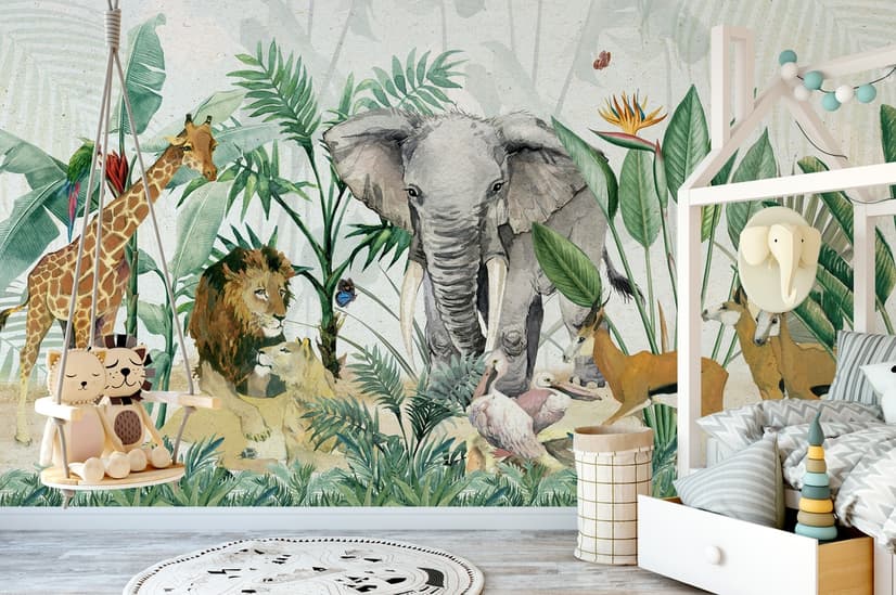 Kids Tropical Safari Animals with Green Leafs Wallpaper Mural