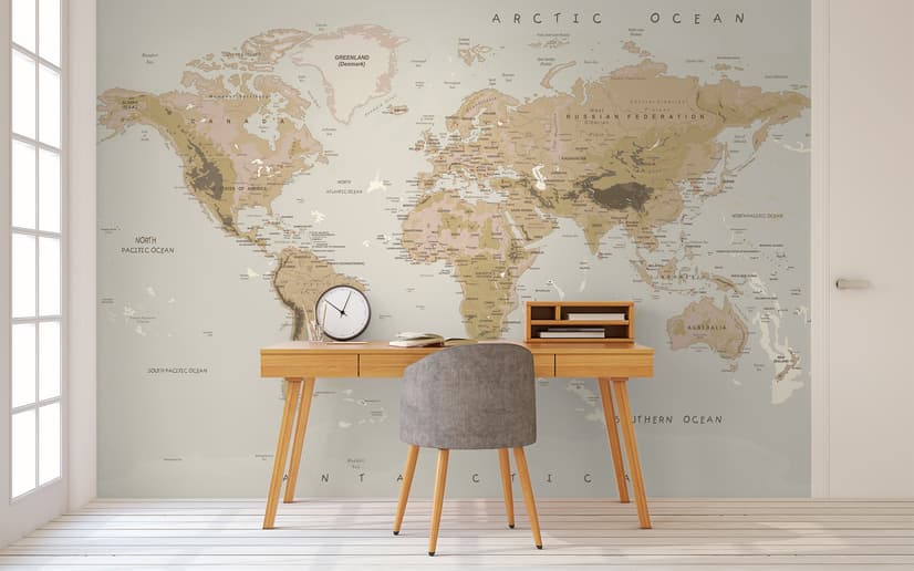 Soft Brown Political World Map Wallpaper Mural