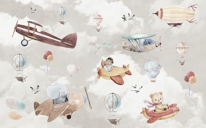 Nursery Cartoon Animals Flying with Aircraft Wallpaper Mural