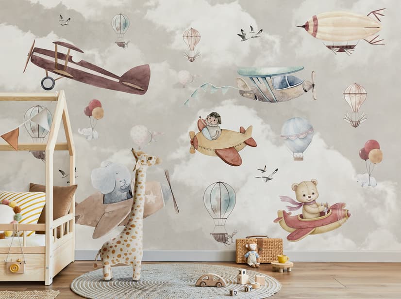 Nursery Cartoon Animals Flying with Aircraft Wallpaper Mural
