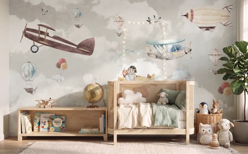Nursery Cartoon Animals Flying with Aircraft Wallpaper Mural