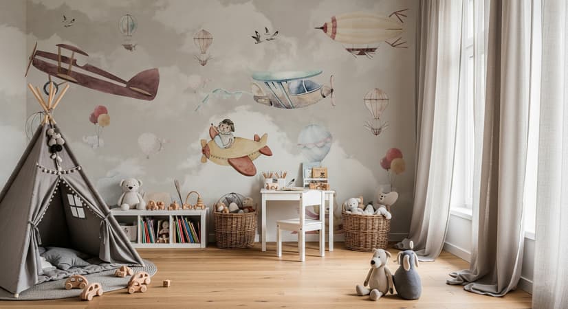 Nursery Cartoon Animals Flying with Aircraft Wallpaper Mural