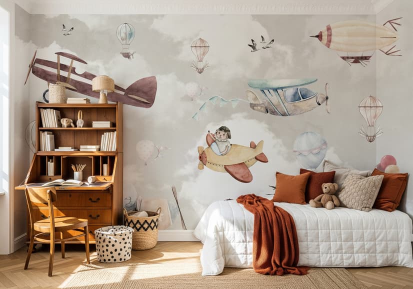 Nursery Cartoon Animals Flying with Aircraft Wallpaper Mural