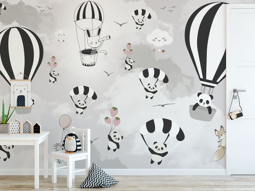 Hot Air Balloon with Cartoons Animals Kids Nursery Wallpaper Mural
