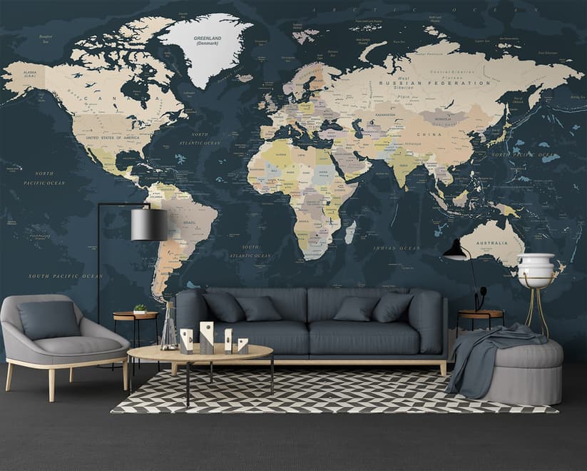 Navy Blue Political World Map Wallpaper Mural