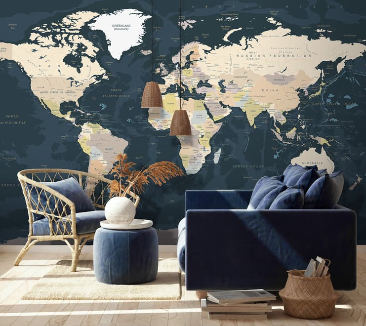 Navy Blue Political World Map Wallpaper Mural