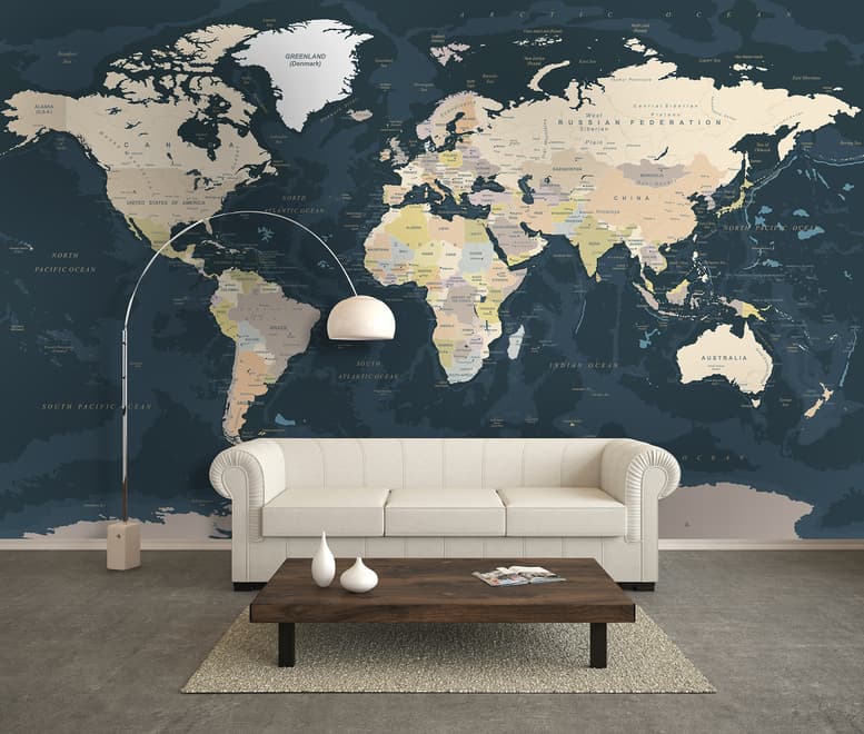 Navy Blue Political World Map Wallpaper Mural