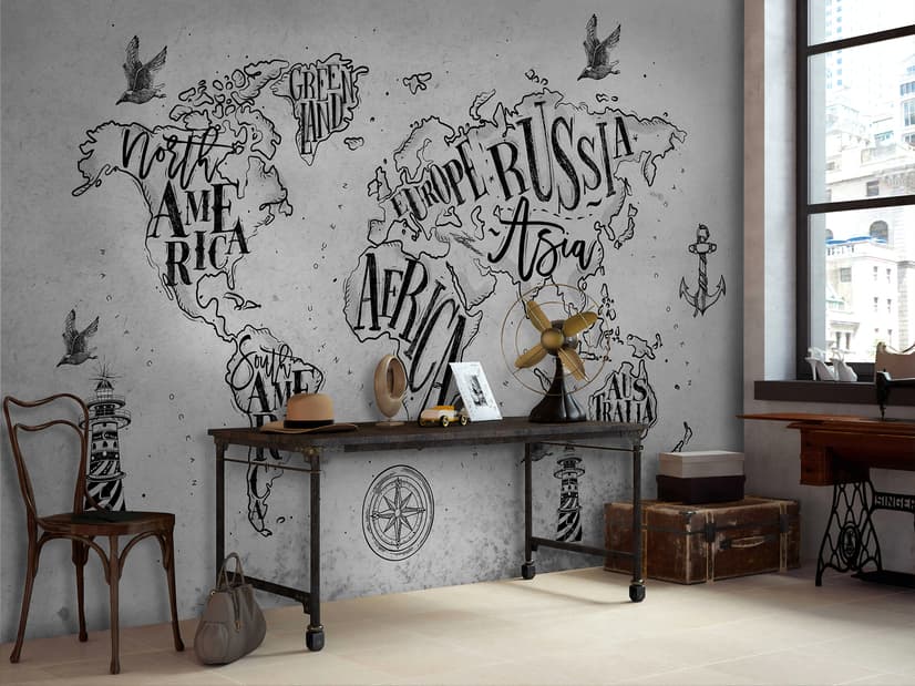 Vintage Charcoal World Map Wallpaper Mural