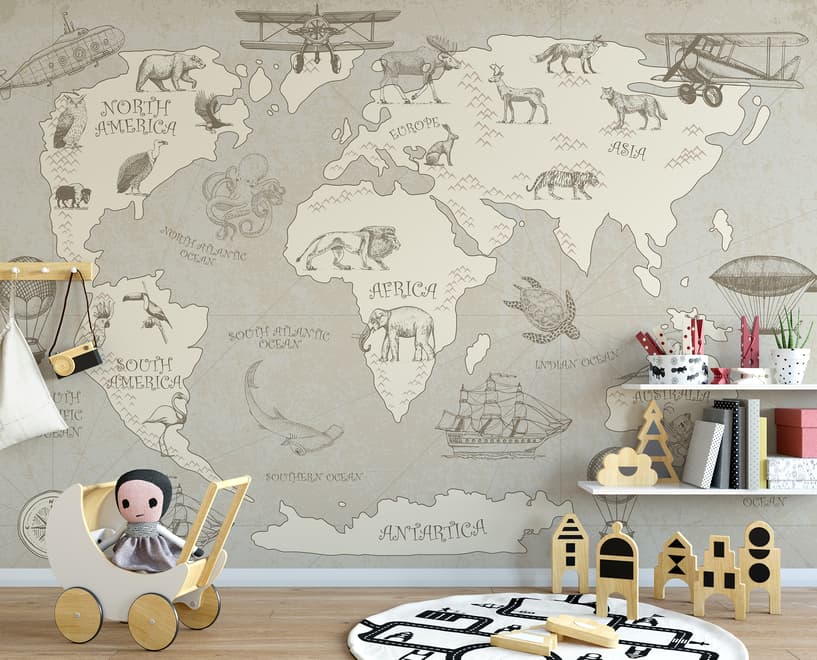 Kids Soft Brown Continent World Map with Drawing Animals Wallpaper Mural