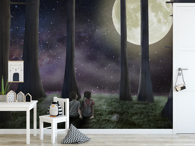 3D Look Moon Landscape with Cute Kids Wallpaper Mural