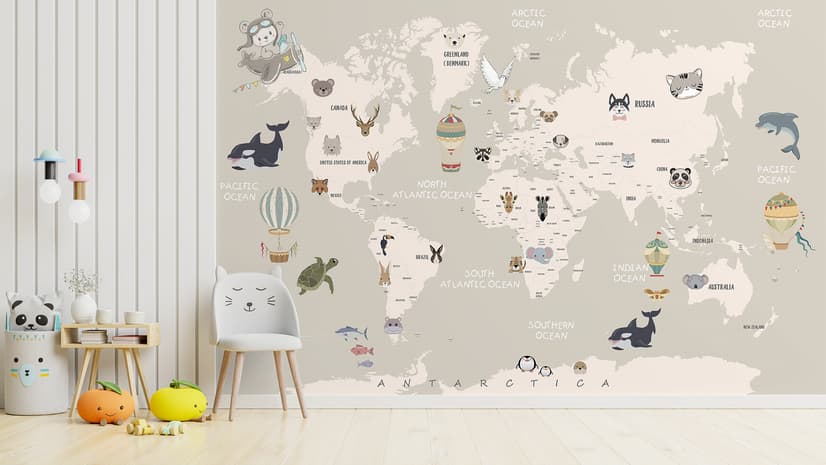 Kids Political World Map with Old Hot Air Balloons Wallpaper Mural