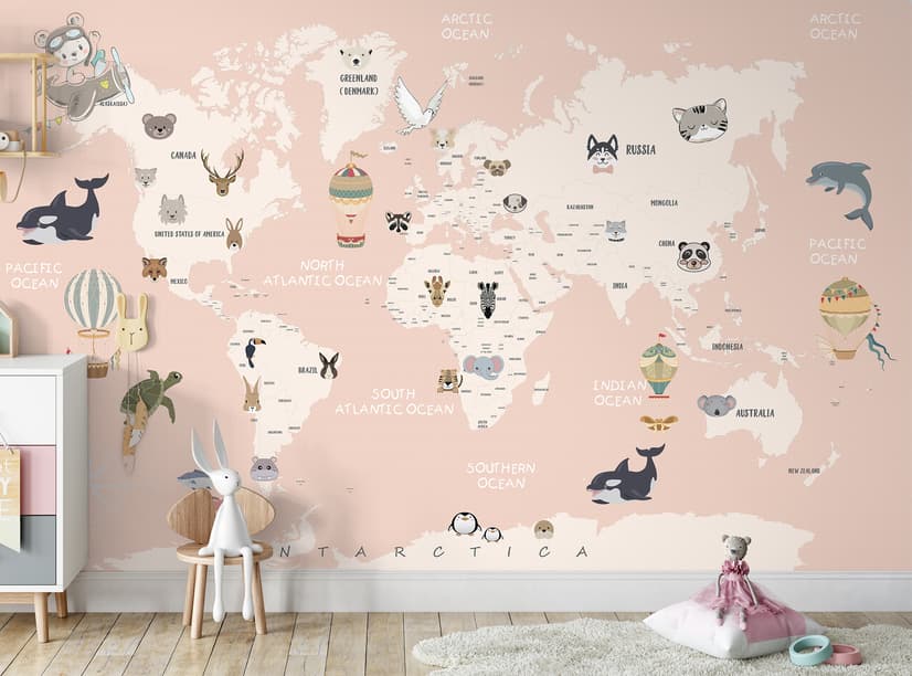 Kids Political World Map with Old Hot Air Balloons Wallpaper Mural