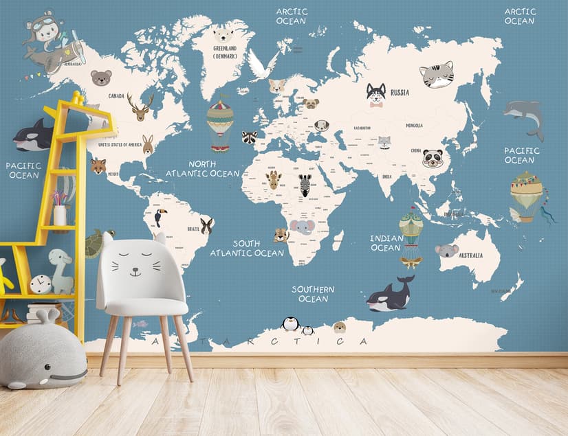 Kids Political World Map with Old Hot Air Balloons Wallpaper Mural