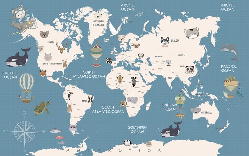 Kids Political World Map with Old Hot Air Balloons Wallpaper Mural