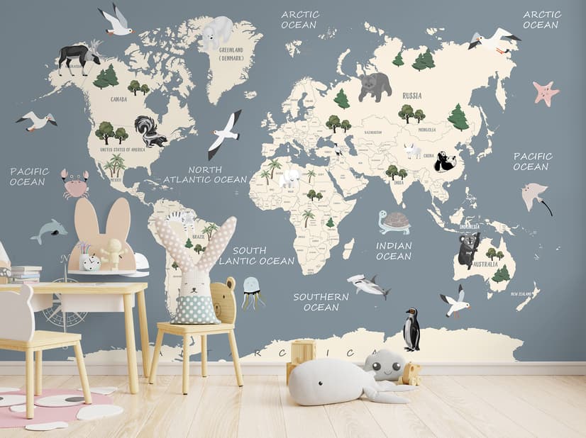 Kids Political Soft World Map with Cute Animals Wallpaper Mural