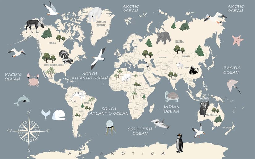 Kids Political Soft World Map with Cute Animals Wallpaper Mural