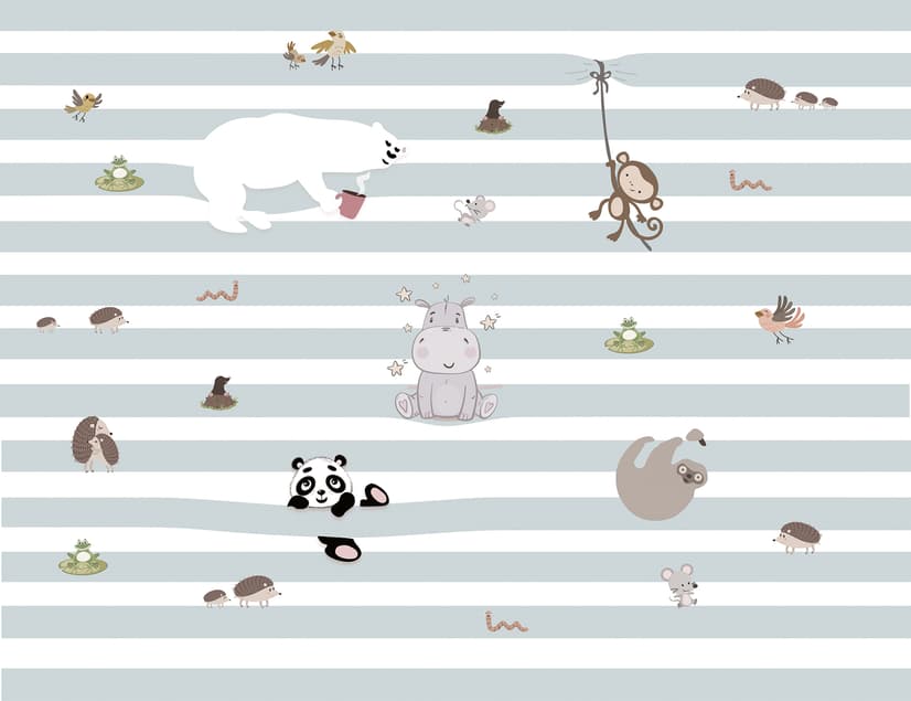 Cute Animals on the Colorful Stripe Wallpaper Mural