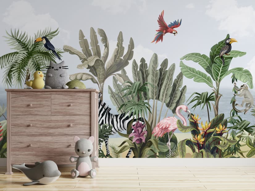 Kids Jungle View with Exotic Animals Wallpaper Mural
