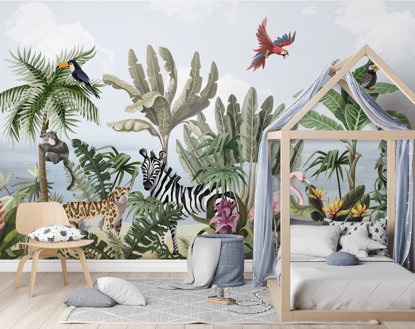 Kids Jungle View with Exotic Animals Wallpaper Mural