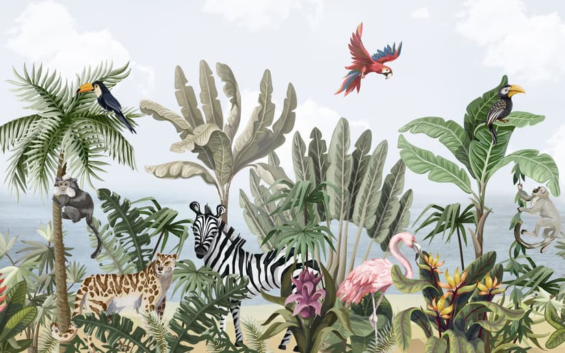 Kids Jungle View with Exotic Animals Wallpaper Mural