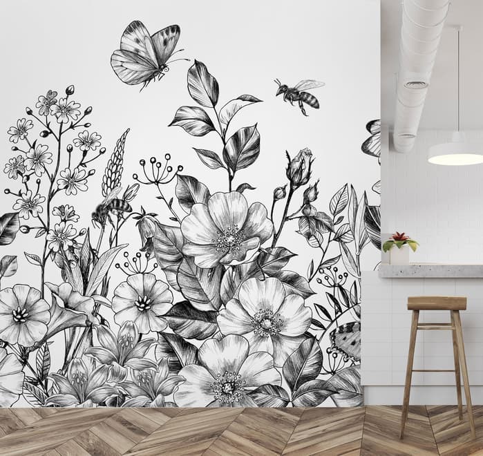 Black and White Floral Wallpaper Mural