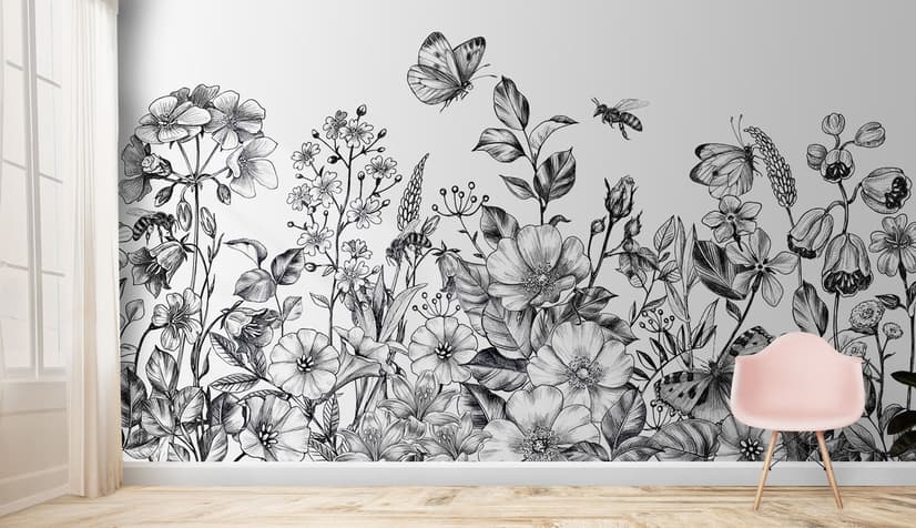 Black and White Floral Wallpaper Mural