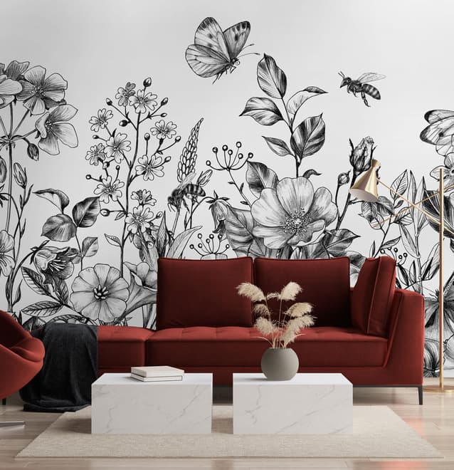 Black and White Floral Wallpaper Mural