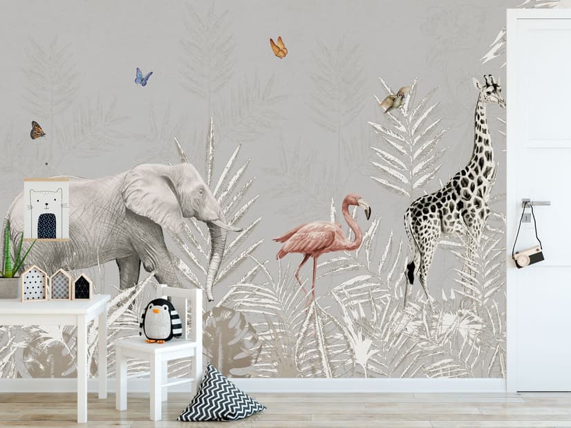 Tropical Animals with Leafs Wallpaper Mural For Children