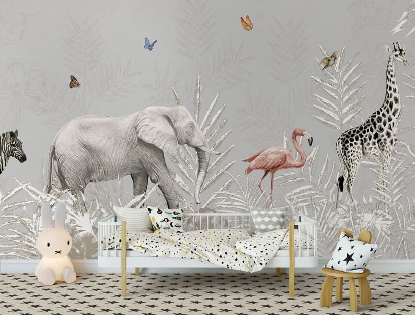 Tropical Animals with Leafs Wallpaper Mural For Children